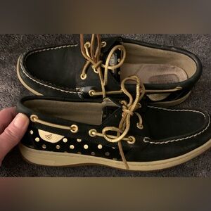 Sperry Topsider black leather and metallic gold boat shoes